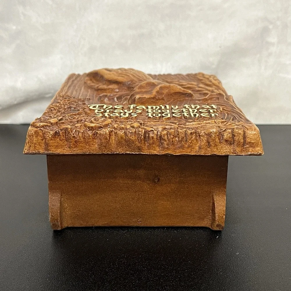 Vintage MCM Napkin Holder Mail Caddy Praying Hands FAMILY Made in USA Faux Wood